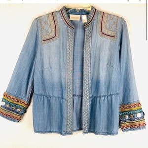 Chico's sz 3 Embroidered Coin Detail Denim Chambray Jacket Blazer NWOT